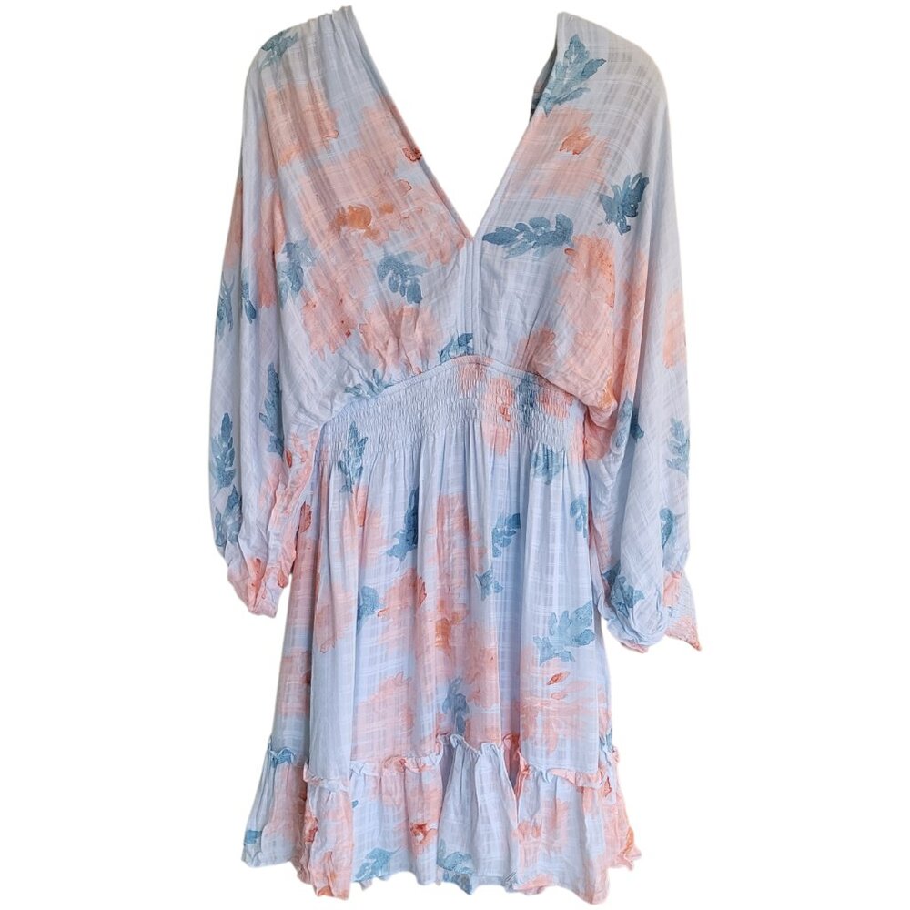 Lovestitch Aqua Floral Cold Shoulder Flowy Bohemian Mini Dress Medium Rayon NWT